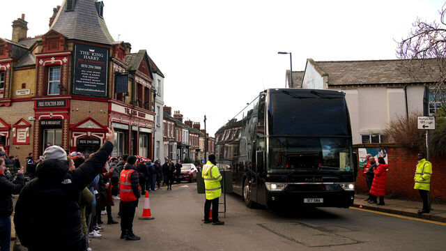 EDITORS NOTE: GESTURE The Manchester United team bus arrives at the stadium ahead of the Premier League match at Anfield, Liverpool. Picture date: Sunday December 17, 2023.