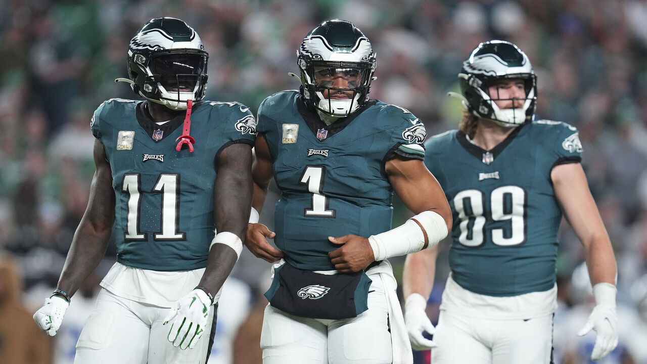 PHILADELPHIA, PENNSYLVANIA - NOVEMBER 5: A.J. Brown #11, Jalen Hurts #1, and Jack Stoll #89 of the Philadelphia Eagles look on against the Dallas Cowboys at Lincoln Financial Field on November 5, 2023 in Philadelphia, Pennsylvania.