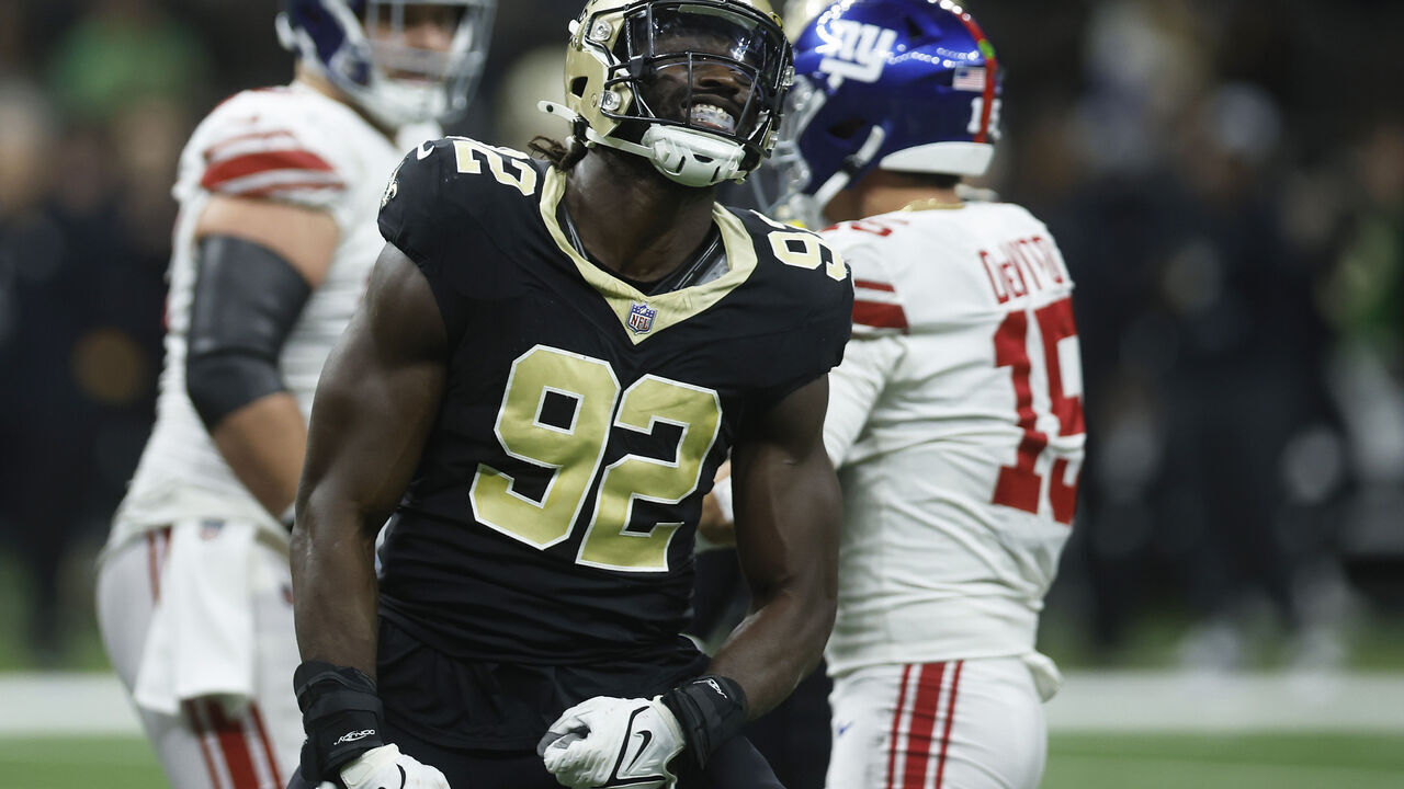 NEW ORLEANS, LOUISIANA - DECEMBER 17: Tanoh Kpassagnon #92 of the New Orleans Saints reacts during the second half of the game against the New York Giants at Caesars Superdome on December 17, 2023 in New Orleans, Louisiana.