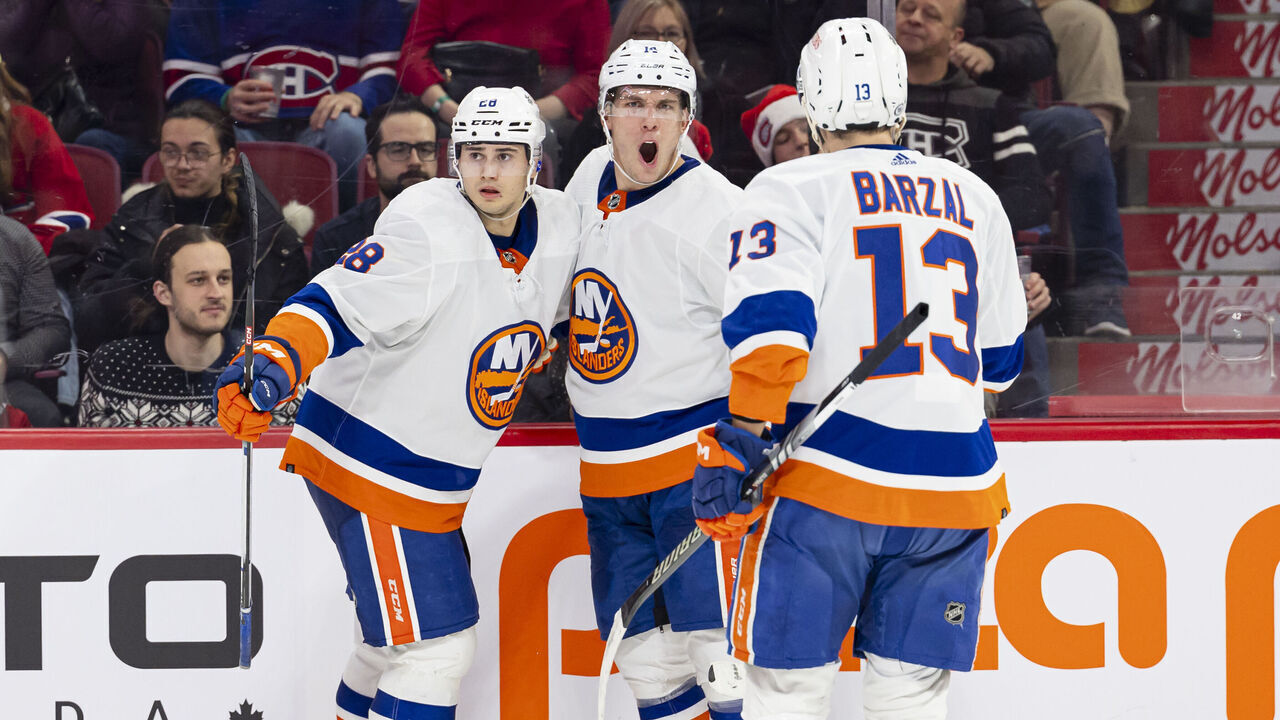 MONTREAL, CANADA - DECEMBER 16: Bo Horvat #14 of the New York Islanders celebrates after scoring a goal during the third period of NHL regular season game between the Montreal Canadiens and the New York Islanders at the Bell Centre on December 16, 2023 in Montreal, Quebec, Canada.