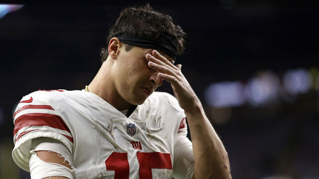 NEW ORLEANS, LOUISIANA - DECEMBER 17: Tommy DeVito #15 of the New York Giants reacts as he walks off the field after the game against the New Orleans Saints at Caesars Superdome on December 17, 2023 in New Orleans, Louisiana.