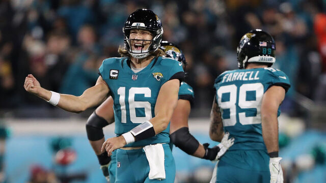 JACKSONVILLE, FLORIDA - DECEMBER 17: Trevor Lawrence #16 of the Jacksonville Jaguars celebrates after his touchdown pass against the Baltimore Ravens during the third quarter at EverBank Stadium on December 17, 2023 in Jacksonville, Florida.