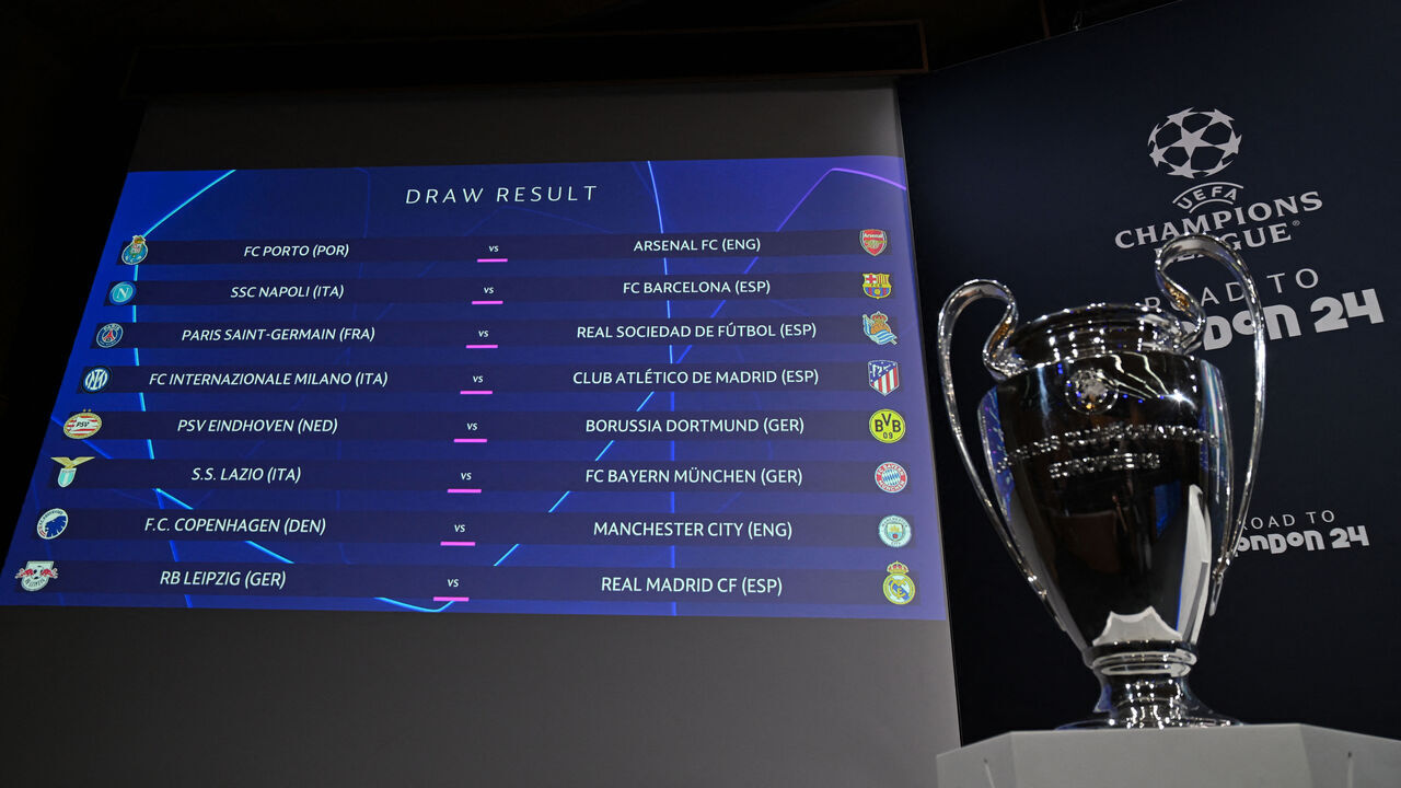 The results are displayed on a screen at the end of the 2023-2024 UEFA Champions League football tournament round of 16 draw at the House of European Football in Nyon, on December 18, 2023.