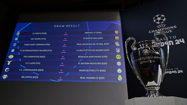 The results are displayed on a screen at the end of the 2023-2024 UEFA Champions League football tournament round of 16 draw at the House of European Football in Nyon, on December 18, 2023.