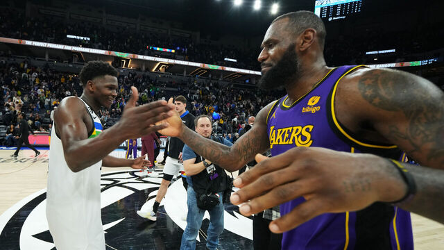 MINNEAPOLIS, MN - MARCH 31: Anthony Edwards #1 of the Minnesota Timberwolves greets LeBron James #6 of the Los Angeles Lakers after the game on March 31, 2023 at Target Center in Minneapolis, Minnesota. Mandatory Copyright Notice: Copyright 2023 NBAE