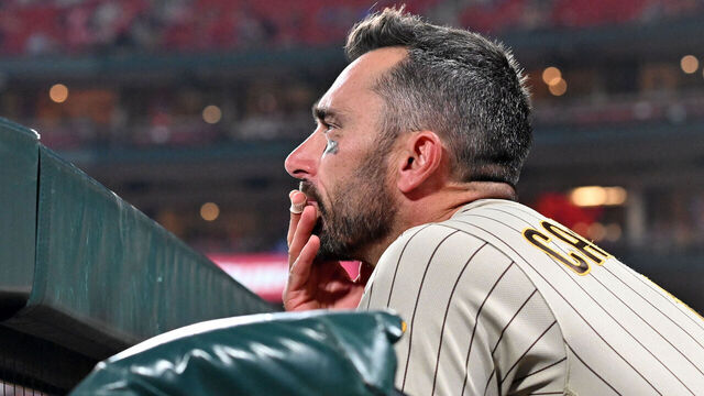 ST. LOUIS, MO - AUGUST 28: San Diego Padres designated hitter Matt Carpenter (14) watches his teammates play from the dugout during a MLB game between the San Diego Padres and the St. Louis Cardinals on August 28, 2023, at Busch Stadium in St. Louis, Mo.