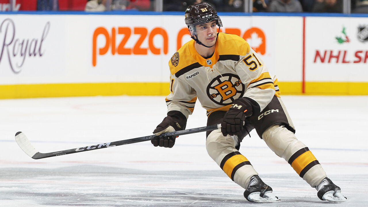 TORONTO, CANADA - DECEMBER 2: Matthew Poitras #51 of the Boston Bruins skates against the Toronto Maple Leafs during the first period in an NHL game at Scotiabank Arena on December 2, 2023 in Toronto, Ontario, Canada. The Bruins defeated the Maple Leafs 4-3 in overtime.