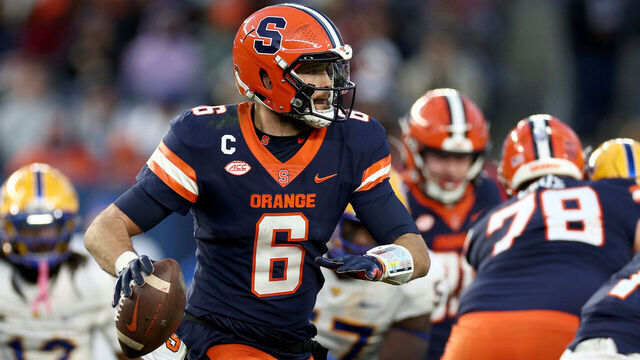 NEW YORK, NEW YORK - NOVEMBER 11: Garrett Shrader #6 of the Syracuse Orange passes the ball during the first half against the Pittsburgh Panthers at Yankee Stadium on November 11, 2023 in the Bronx borough of New York City.