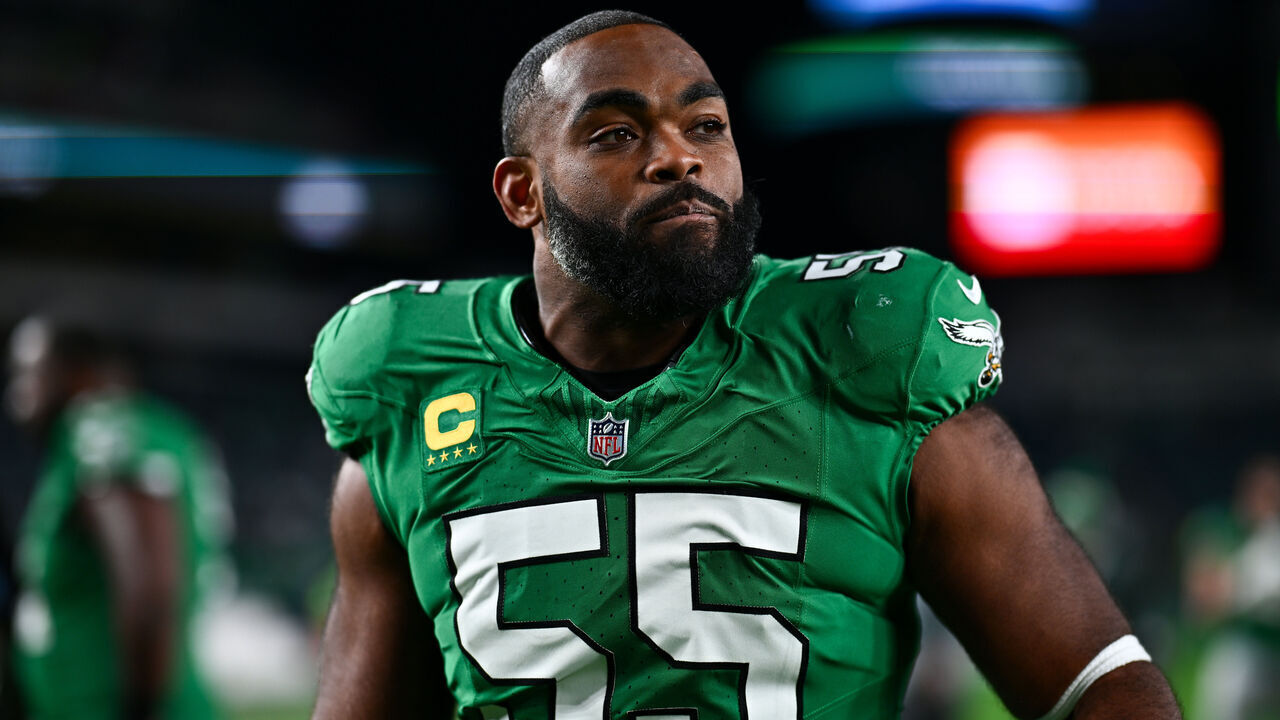 PHILADELPHIA, PA - OCTOBER 22: Philadelphia Eagles Defensive End Brandon Graham (55) looks on after the game between the Miami Dolphins and Philadelphia Eagles on October 22, 2023 at Lincoln Financial Field in Philadelphia, PA.