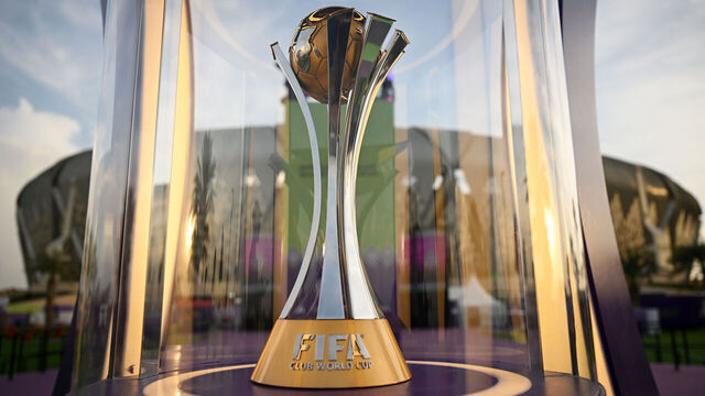 JEDDAH, SAUDI ARABIA - DECEMBER 12: A general view of the FIFA Club World Cup winners trophy outside the stadium prior to the FIFA Club World Cup match between Al Ittihad FC and Auckland City FC at King Abdullah Sports City on December 12, 2023 in Jeddah, Saudi Arabia.
