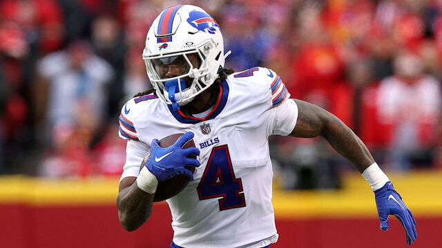 KANSAS CITY, MISSOURI - DECEMBER 10: Running back James Cook #4 of the Buffalo Bills carries the ball during the game against the Kansas City Chiefs at GEHA Field at Arrowhead Stadium on December 10, 2023 in Kansas City, Missouri.