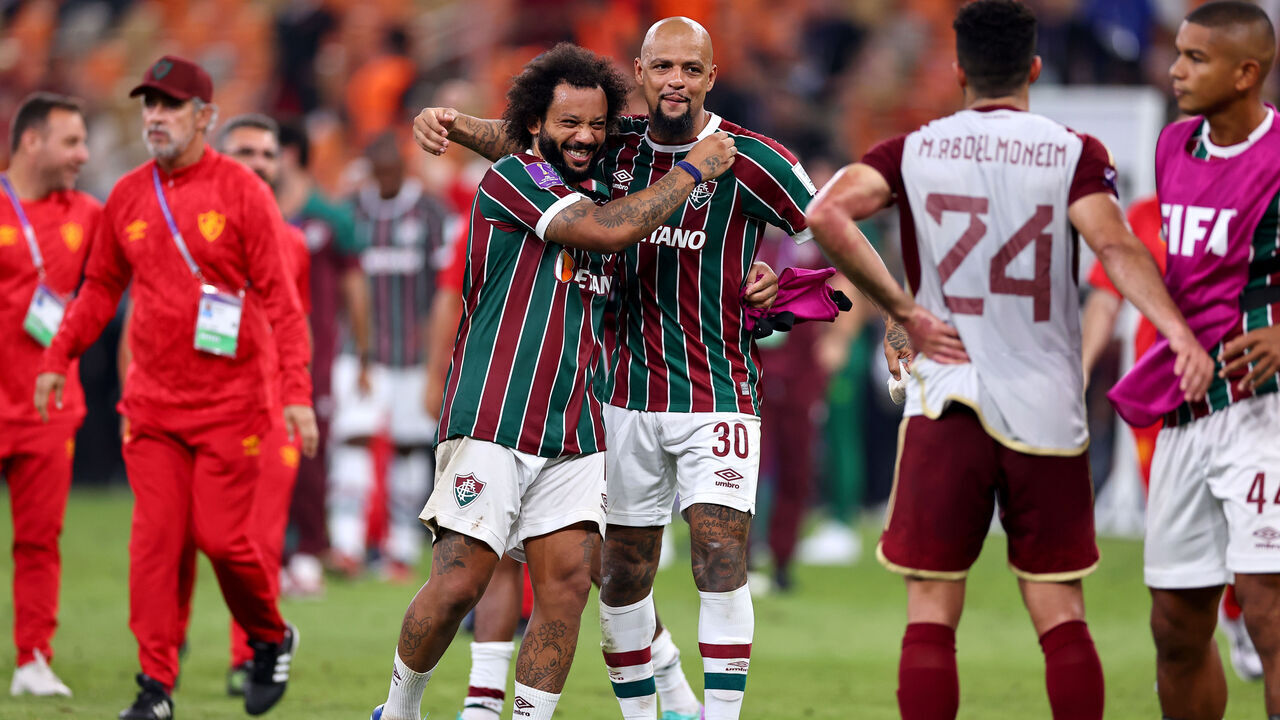 JEDDAH, SAUDI ARABIA - DECEMBER 18: Marcelo and Felipe Melo of Fluminense celebrates their side's victory after the FIFA Club World Cup Saudi Arabia 2023 Semi Final match between Fluminense and Al Ahly at King Abdullah Sports City on December 18, 2023 in Jeddah, Saudi Arabia.