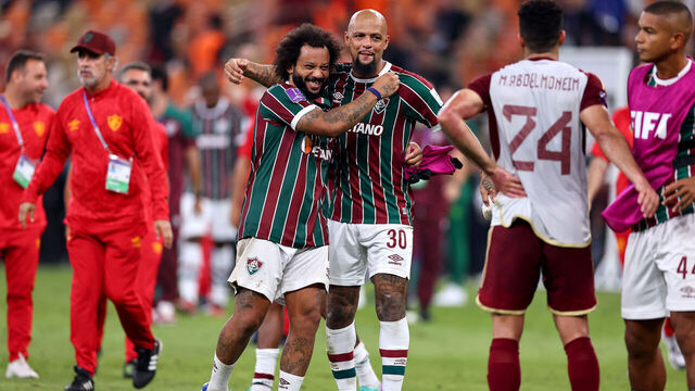 JEDDAH, SAUDI ARABIA - DECEMBER 18: Marcelo and Felipe Melo of Fluminense celebrates their side's victory after the FIFA Club World Cup Saudi Arabia 2023 Semi Final match between Fluminense and Al Ahly at King Abdullah Sports City on December 18, 2023 in Jeddah, Saudi Arabia.