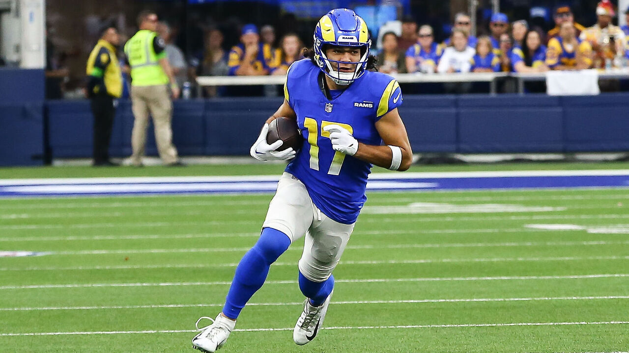 INGLEWOOD, CA - DECEMBER 17: Los Angeles Rams wide receiver Puka Nacua (17) runs after a catch during the NFL game between the Washington Commanders and the Los Angeles Rams on December 17, 2023, at SoFi Stadium in Inglewood, CA.