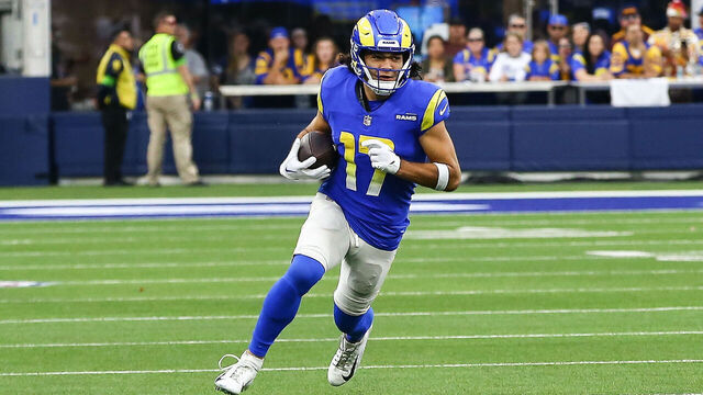 INGLEWOOD, CA - DECEMBER 17: Los Angeles Rams wide receiver Puka Nacua (17) runs after a catch during the NFL game between the Washington Commanders and the Los Angeles Rams on December 17, 2023, at SoFi Stadium in Inglewood, CA.