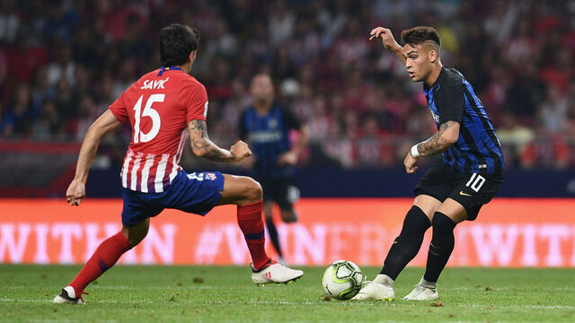 MADRID, SPAIN - AUGUST 11: Lautaro Martínez in action during the International Champions Cup 2018 match between Atletico Madrid and FC Internazionale at Estadio Wanda Metropolitano on August 11, 2018 in Madrid, Spain.