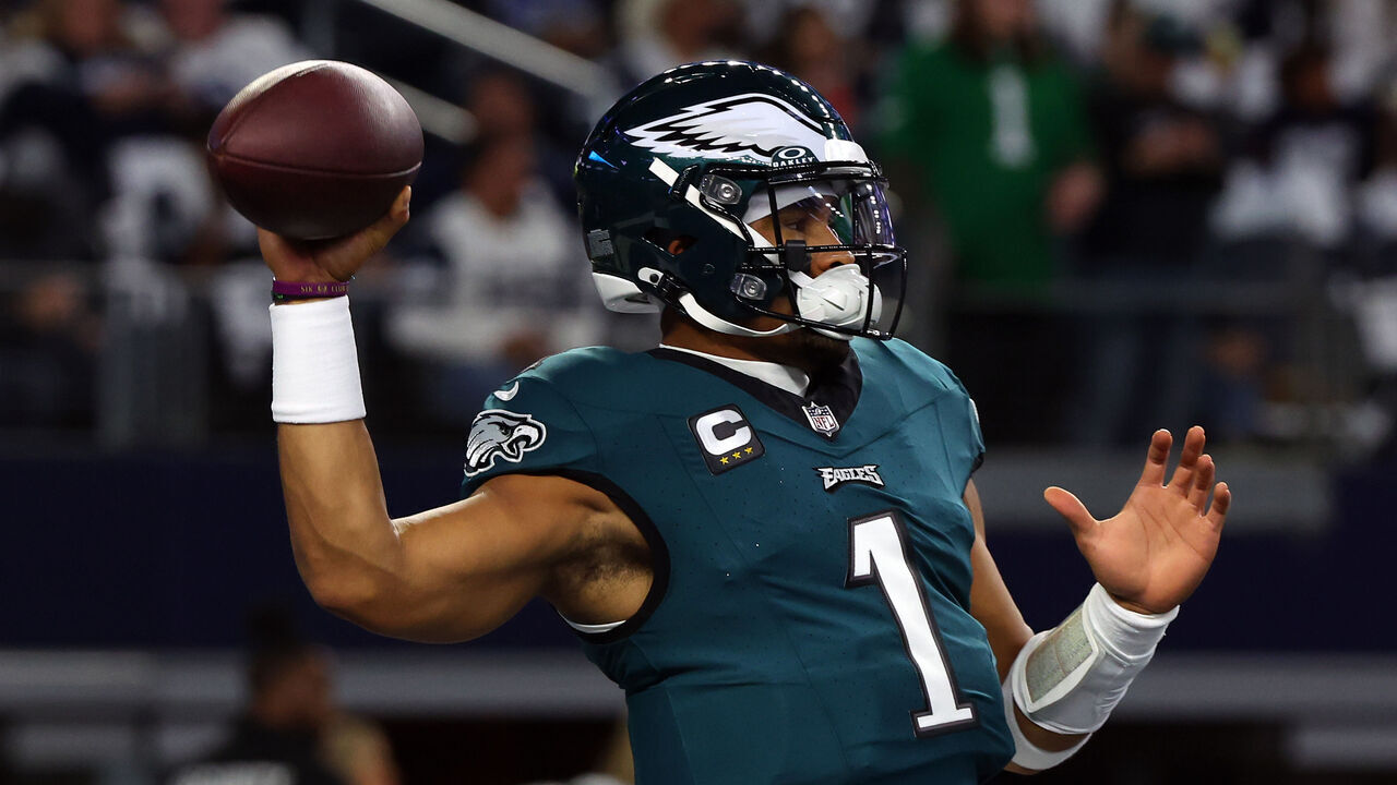 ARLINGTON, TEXAS - DECEMBER 10: Jalen Hurts #1 of the Philadelphia Eagles is seen on the field during warm ups before the game against the Dallas Cowboys at AT&T Stadium on December 10, 2023 in Arlington, Texas.