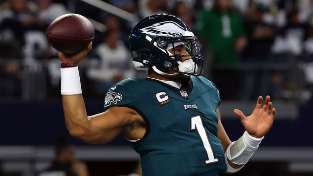 ARLINGTON, TEXAS - DECEMBER 10: Jalen Hurts #1 of the Philadelphia Eagles is seen on the field during warm ups before the game against the Dallas Cowboys at AT&T Stadium on December 10, 2023 in Arlington, Texas.