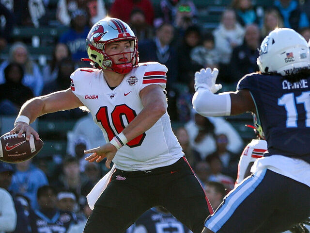 CHARLOTTE, NORTH CAROLINA - DECEMBER 18: Caden Veltkamp #10 of the Western Kentucky Hilltoppers throws the ball against the Old Dominion Monarchs during the first half of the Famous Toastery Bowl at Jerry Richardson Stadium on December 18, 2023 in Charlotte, North Carolina.