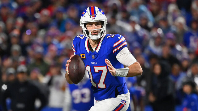 ORCHARD PARK, NEW YORK - DECEMBER 17: Josh Allen #17 of the Buffalo Bills attempts a pass during the first half against the Dallas Cowboys at Highmark Stadium on December 17, 2023 in Orchard Park, New York.