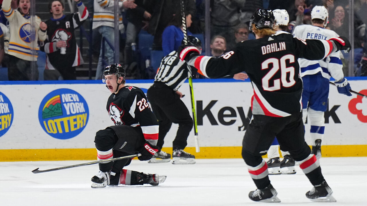 BUFFALO, NY - MARCH 4: Jack Quinn #22 of the Buffalo Sabres reacts after scoring a second period goal during an NHL game against the Tampa Bay Lightning on March 4, 2023 at KeyBank Center in Buffalo, New York.
