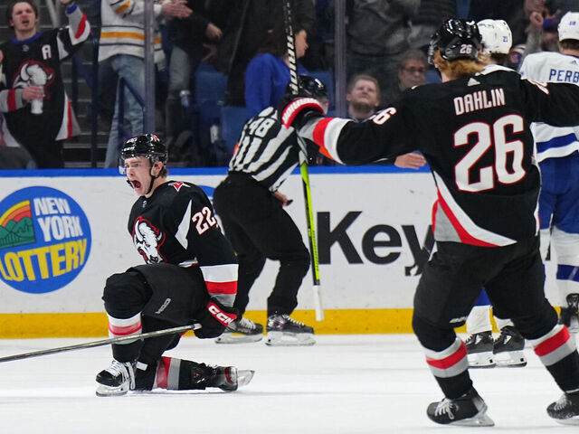 BUFFALO, NY - MARCH 4: Jack Quinn #22 of the Buffalo Sabres reacts after scoring a second period goal during an NHL game against the Tampa Bay Lightning on March 4, 2023 at KeyBank Center in Buffalo, New York.