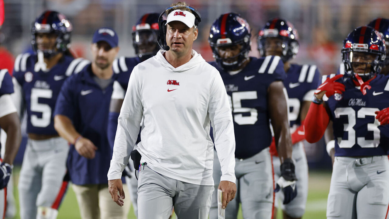 OXFORD, MS - SEPTEMBER 16: Mississippi Rebels head coach Lane Kiffin looks on during a college football game against the Georgia Tech Yellow Jackets on September 16, 2023 at Vaught-Hemingway Stadium at Hollingsworth Field in Oxford, Mississippi.