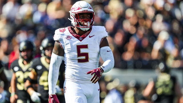 CHARLOTTE, NC - OCTOBER 28: Jared Verse #5 of the Florida State Seminoles walks off the field during a football game against the Wake Forest Demon Deacons at Allegacy Federal Credit Union Stadium in Winston-Salem, North Carolina on Oct 28, 2023.
