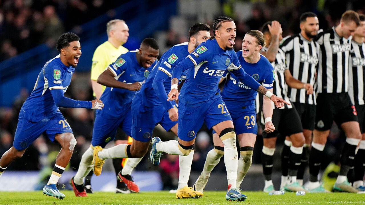 Chelsea's Malo Gusto (centre) celebrates winning the penalty shoot out with his team mates during the Carabao Cup quarter final match at Stamford Bridge, London. Picture date: Tuesday December 19, 2023.