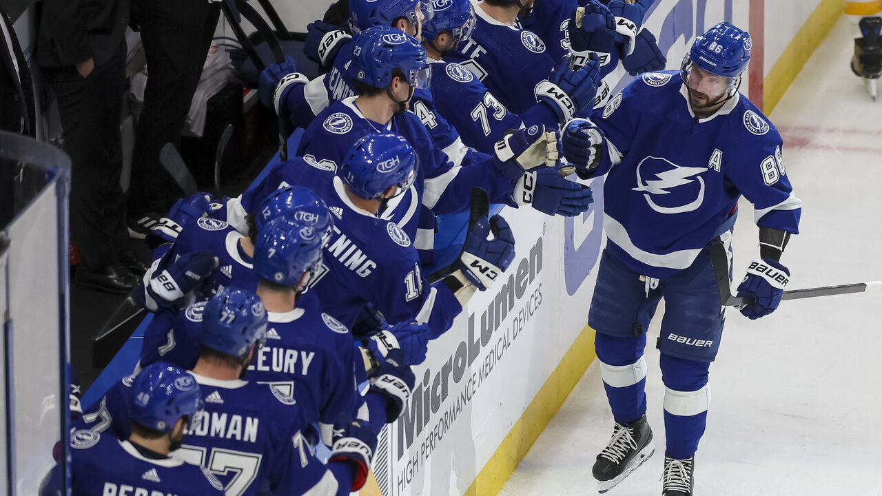 TAMPA, FL - DECEMBER 19: Nikita Kucherov #86 of the Tampa Bay Lightning celebrates against the St Louis Blues during the first period at Amalie Arena on December 19, 2023 in Tampa, Florida.