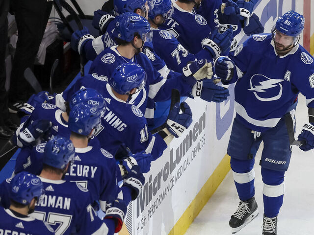 TAMPA, FL - DECEMBER 19: Nikita Kucherov #86 of the Tampa Bay Lightning celebrates against the St Louis Blues during the first period at Amalie Arena on December 19, 2023 in Tampa, Florida.
