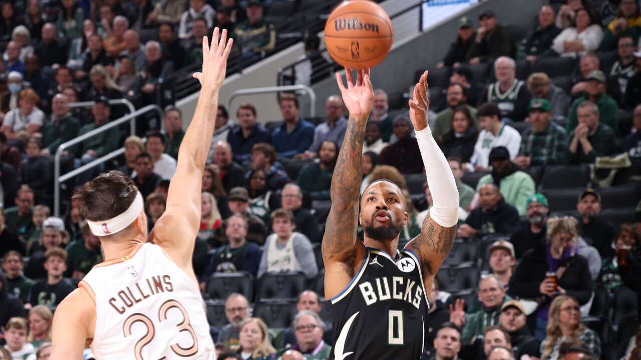 MILWAUKEE, WI - DECEMBER 19: Damian Lillard #0 of the Milwaukee Bucks shoots the ball during the game against the San Antonio Spurs on December 19, 2023 at the Fiserv Forum Center in Milwaukee, Wisconsin. Mandatory Copyright Notice: Copyright 2023 NBAE .