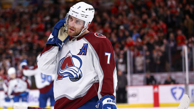 CHICAGO, IL - DECEMBER 19: Devon Toews #7 of the Colorado Avalanche looks on after a game against the Chicago Blackhawks at the United Center on December, 19, 2023 in Chicago, Illinois.