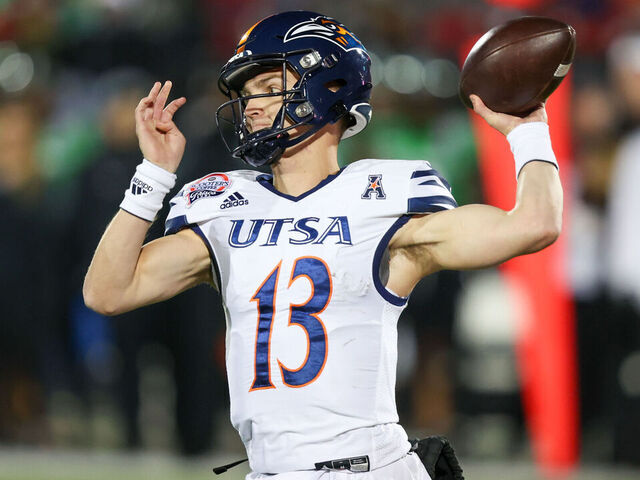 FRISCO, TX - DECEMBER 19: UTSA Roadrunners quarterback Owen McCown (13) passes during the Scooter's Coffee Frisco Bowl between the UTSA Roadrunners and the Marshall Thundering Herd on December 19, 2023 at Toyota Stadium in Frisco, TX.