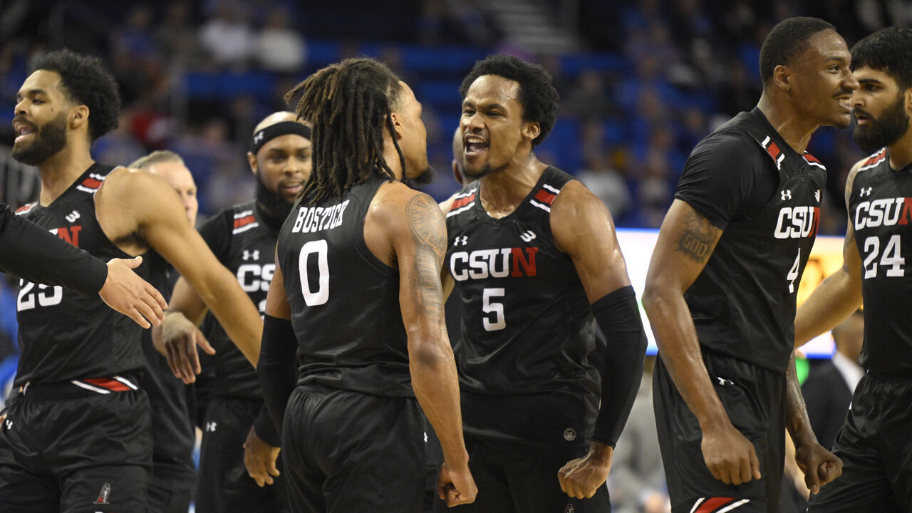 Los Angeles, CA - December 19: Gianni Hunt #5 of the Cal State Northridge Matadors reacted after a three pointer against the UCLA Bruins in the first half of a Men's NCAA basketball game at Pauley Pavilion in Los Angeles on Tuesday, December 19, 2023.