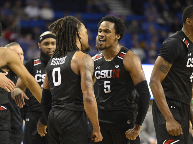 Los Angeles, CA - December 19: Gianni Hunt #5 of the Cal State Northridge Matadors reacted after a three pointer against the UCLA Bruins in the first half of a Men's NCAA basketball game at Pauley Pavilion in Los Angeles on Tuesday, December 19, 2023.
