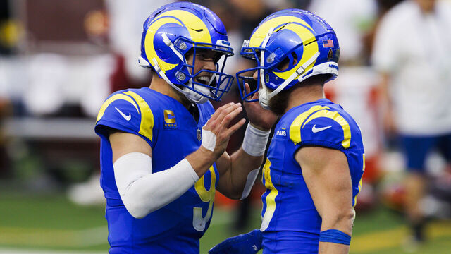 INGLEWOOD, CALIFORNIA - DECEMBER 17: Matthew Stafford #9 of the Los Angeles Rams celebrates with Cooper Kupp #10 of the Los Angeles Rams during a game against the Washington Commanders at SoFi Stadium on December 17, 2023 in Inglewood, California.