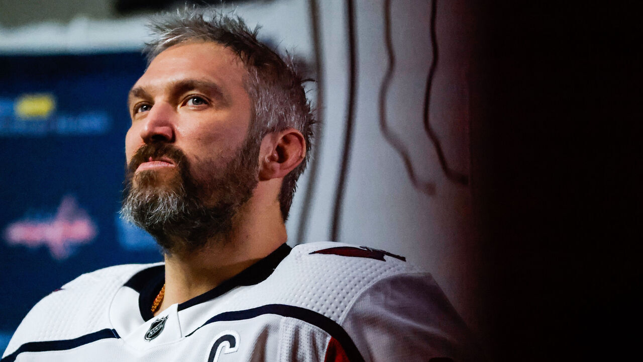 RALEIGH, NC - DECEMBER 17: Alex Ovechkin #8 of the Washington Capitals looks on prior to the warmups of the game against the Carolina Hurricanes at PNC Arena on December 17, 2023 in Raleigh, North Carolina.