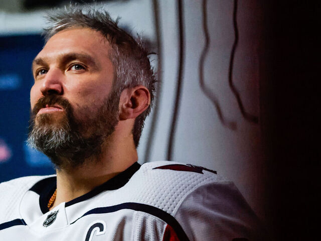 RALEIGH, NC - DECEMBER 17: Alex Ovechkin #8 of the Washington Capitals looks on prior to the warmups of the game against the Carolina Hurricanes at PNC Arena on December 17, 2023 in Raleigh, North Carolina.