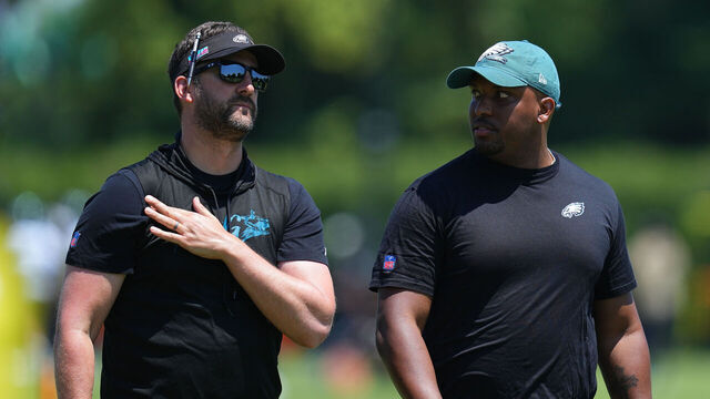 PHILADELPHIA, PENNSYLVANIA - JUNE 1: Head coach Nick Sirianni and offensive coordinator Brian Johnson of the Philadelphia Eagles look on during OTAs at the NovaCare Complex on June 1, 2023 in Philadelphia, Pennsylvania.