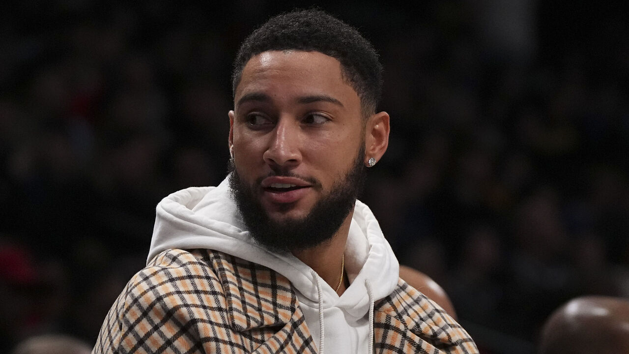 NEW YORK, NEW YORK - NOVEMBER 25: Ben Simmons #10 of the Brooklyn Nets looks on from the bench against the Miami Heat in the second half at Barclays Center on November 25, 2023 in the Brooklyn borough of New York City. The Nets defeated the Heat 112-97.