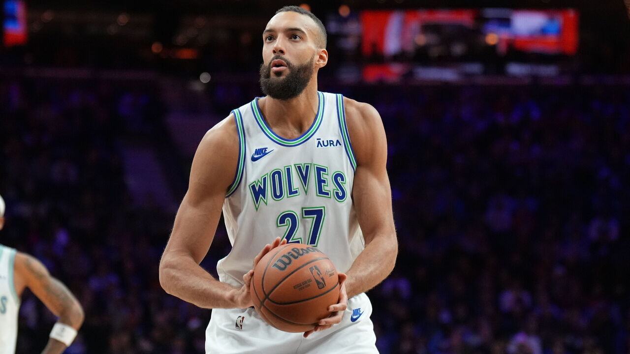 PHILADELPHIA, PA - DECEMBER 20: Rudy Gobert #27 of the Minnesota Timberwolves shoots a free throw during the game against the Philadelphia 76ers on December 20, 2023 at the Wells Fargo Center in Philadelphia, Pennsylvania NOTE TO USER: User expressly acknowledges and agrees that, by downloading and/or using this Photograph, user is consenting to the terms and conditions of the Getty Images License Agreement. Mandatory Copyright Notice: Copyright 2023 NBAE