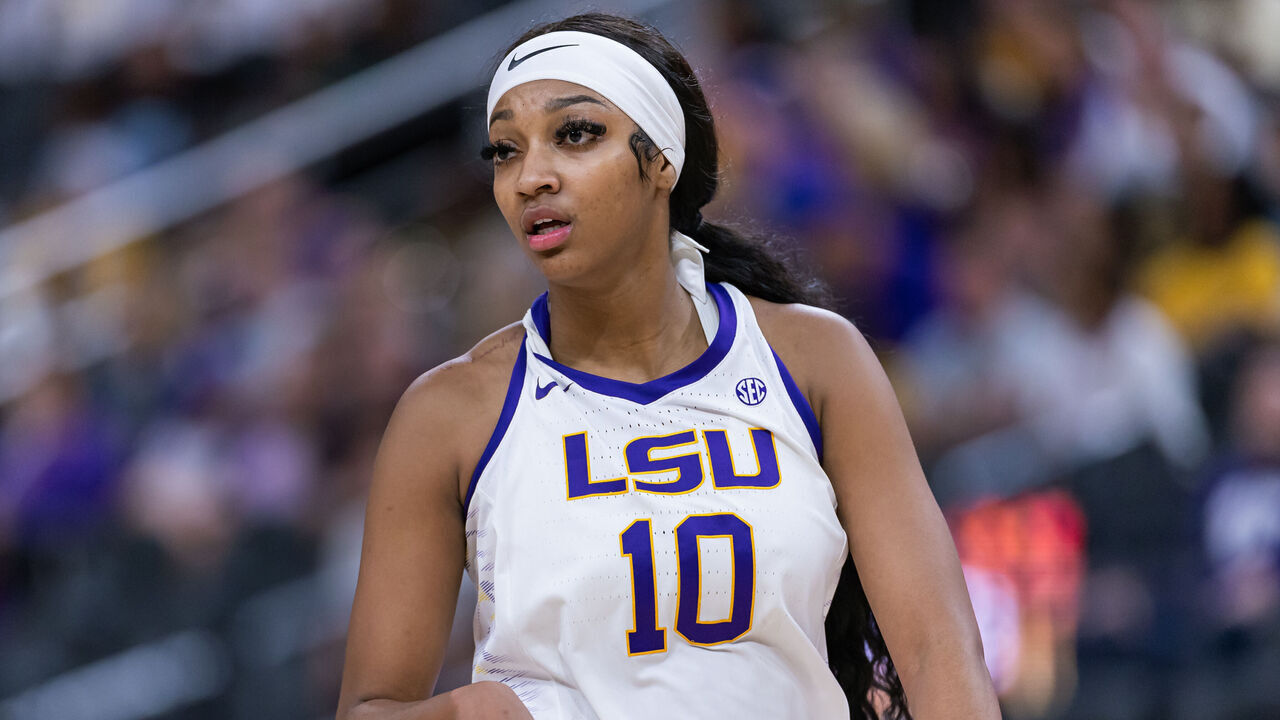 LAS VEGAS, NEVADA - NOVEMBER 6: Angel Reese #10 of the LSU Lady Tigers is seen during the game against the Colorado Buffaloes in the Naismith Hall of Fame Series at T-Mobile Arena on November 6, 2023 in Las Vegas, Nevada.