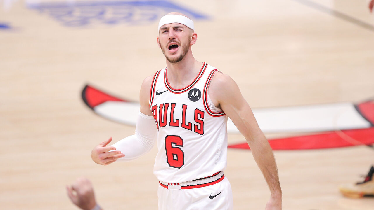 CHICAGO, IL - DECEMBER 20: Alex Caruso #6 of the Chicago Bulls reacts during the first half against the Los Angeles Lakers at the United Center on December 20, 2023 in Chicago, Illinois.