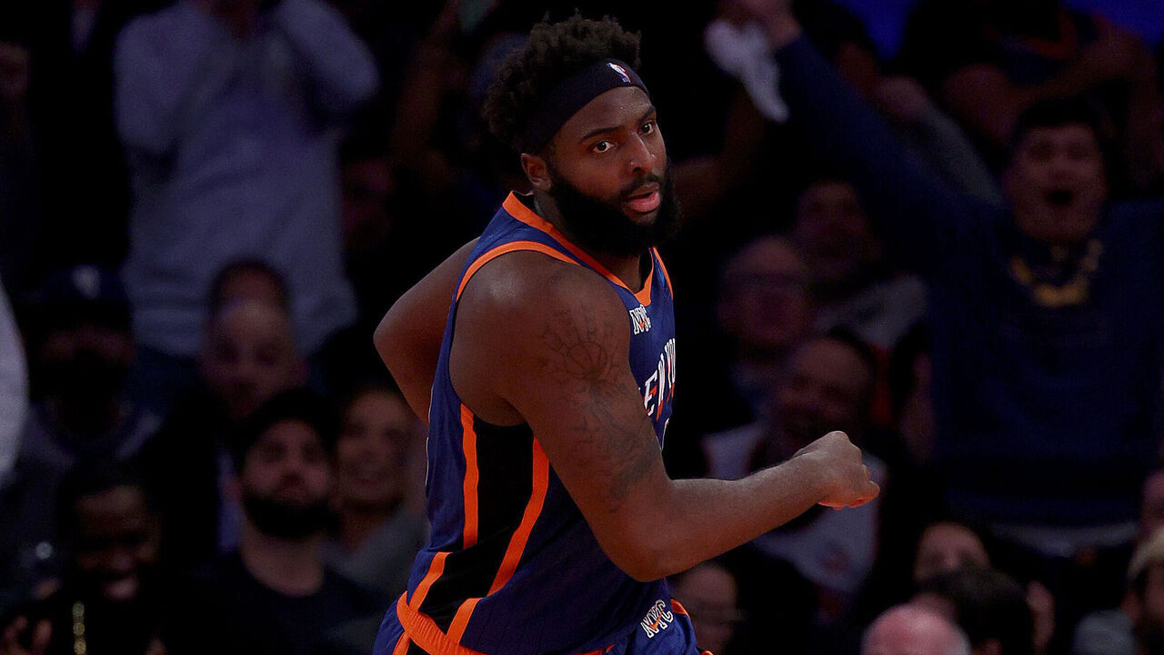 NEW YORK, NEW YORK - NOVEMBER 28: Mitchell Robinson #23 of the New York Knicks celebrates his dunk during the second half of an NBA In-Season Tournament game against the Charlotte Hornets at Madison Square Garden on November 28, 2023 in New York City. The New York Knicks defeated the Charlotte Hornets 115-91.