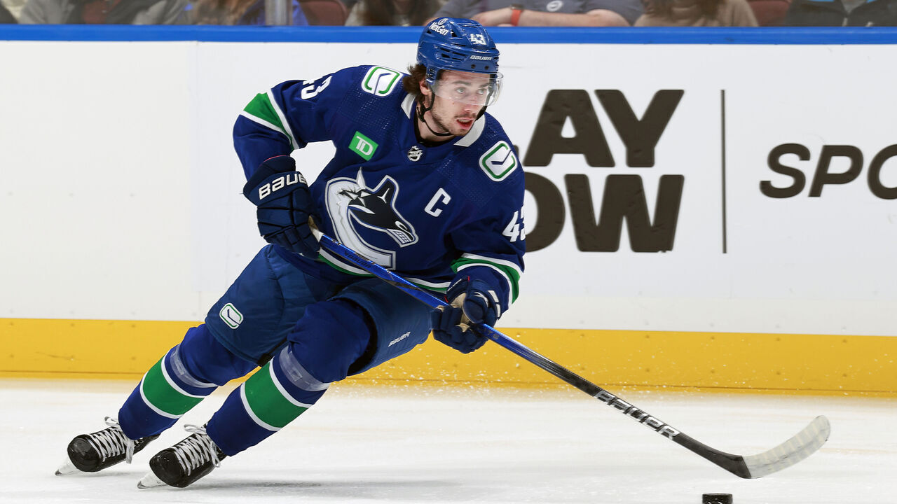 VANCOUVER, CANADA - NOVEMBER 4: Quinn Hughes #43 of the Vancouver Canucks skates up ice during their NHL game against the Dallas Stars at Rogers Arena on November 4, 2023 in Vancouver, British Columbia, Canada.