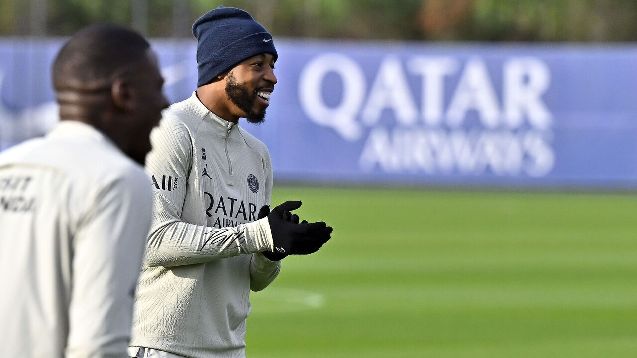 PARIS, FRANCE - NOVEMBER 26: Presnel Kimpembe reacts during a Paris Saint-Germain training session at Campus PSG on November 26, 2023 in Paris, France.