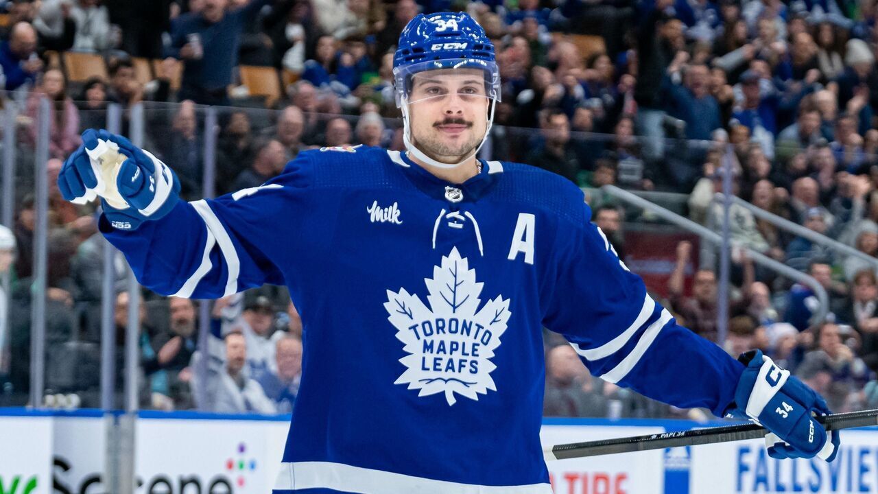 TORONTO, ON - NOVEMBER 30: Toronto Maple Leafs Center Auston Matthews (34) reacts during the NHL regular season game between the Seattle Kraken and the Toronto Maple Leafs on November 30, 2023, at Scotiabank Arena in Toronto, ON, Canada.