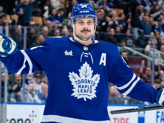 TORONTO, ON - NOVEMBER 30: Toronto Maple Leafs Center Auston Matthews (34) reacts during the NHL regular season game between the Seattle Kraken and the Toronto Maple Leafs on November 30, 2023, at Scotiabank Arena in Toronto, ON, Canada.