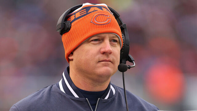 CHICAGO, ILLINOIS - DECEMBER 10: Offensive coordinator Luke Getsy of the Chicago Bears looks on against the Detroit Lions during the first half at Soldier Field on December 10, 2023 in Chicago, Illinois.